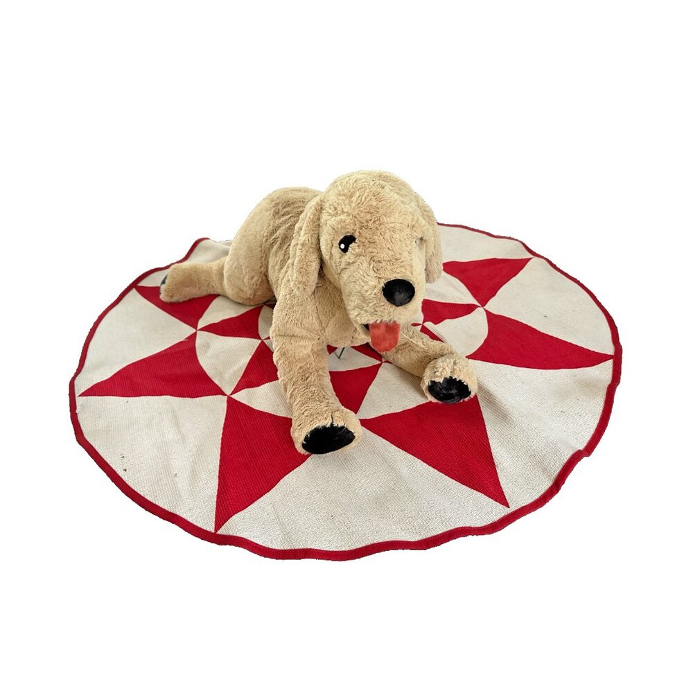 IKEA GOSIG Golden Plush Dog and VINTERFINT Red/White Circular Rug Decor